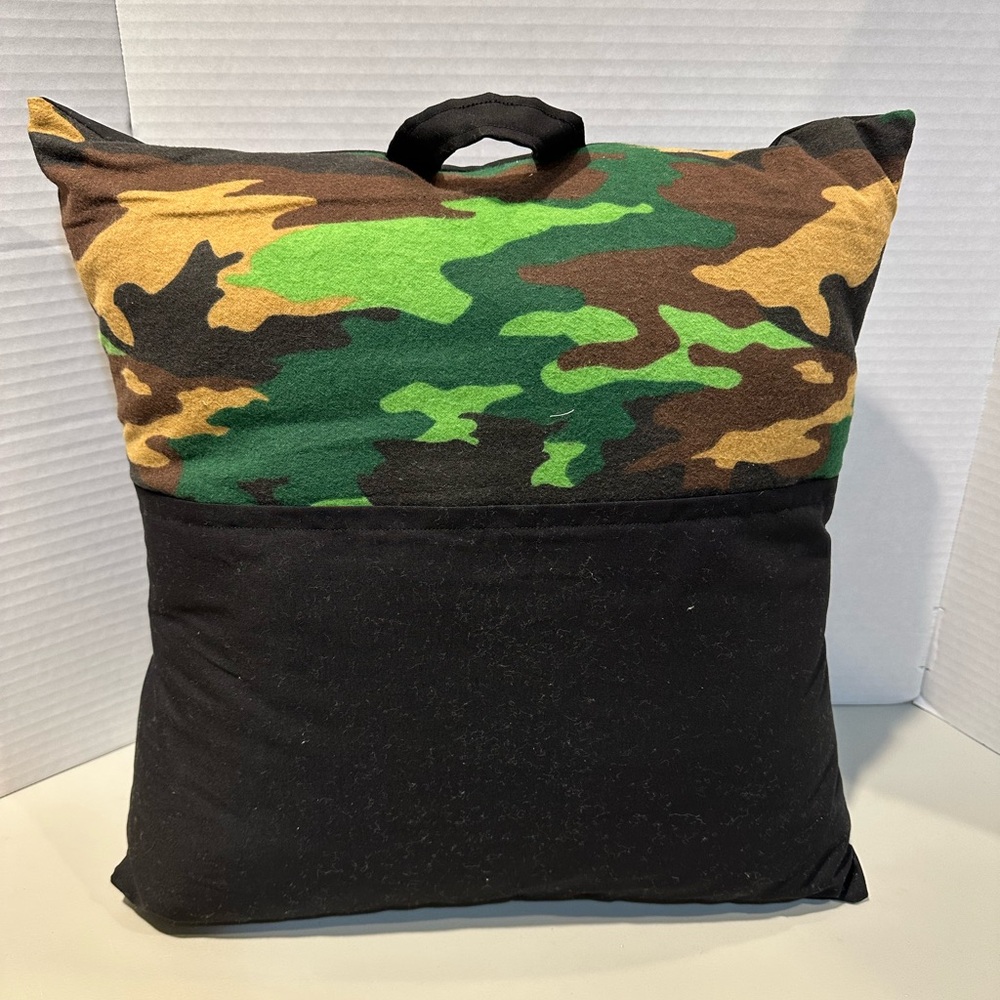 Handmade 18” Camo Flannel Reading Pillow with Black Cotton Backing